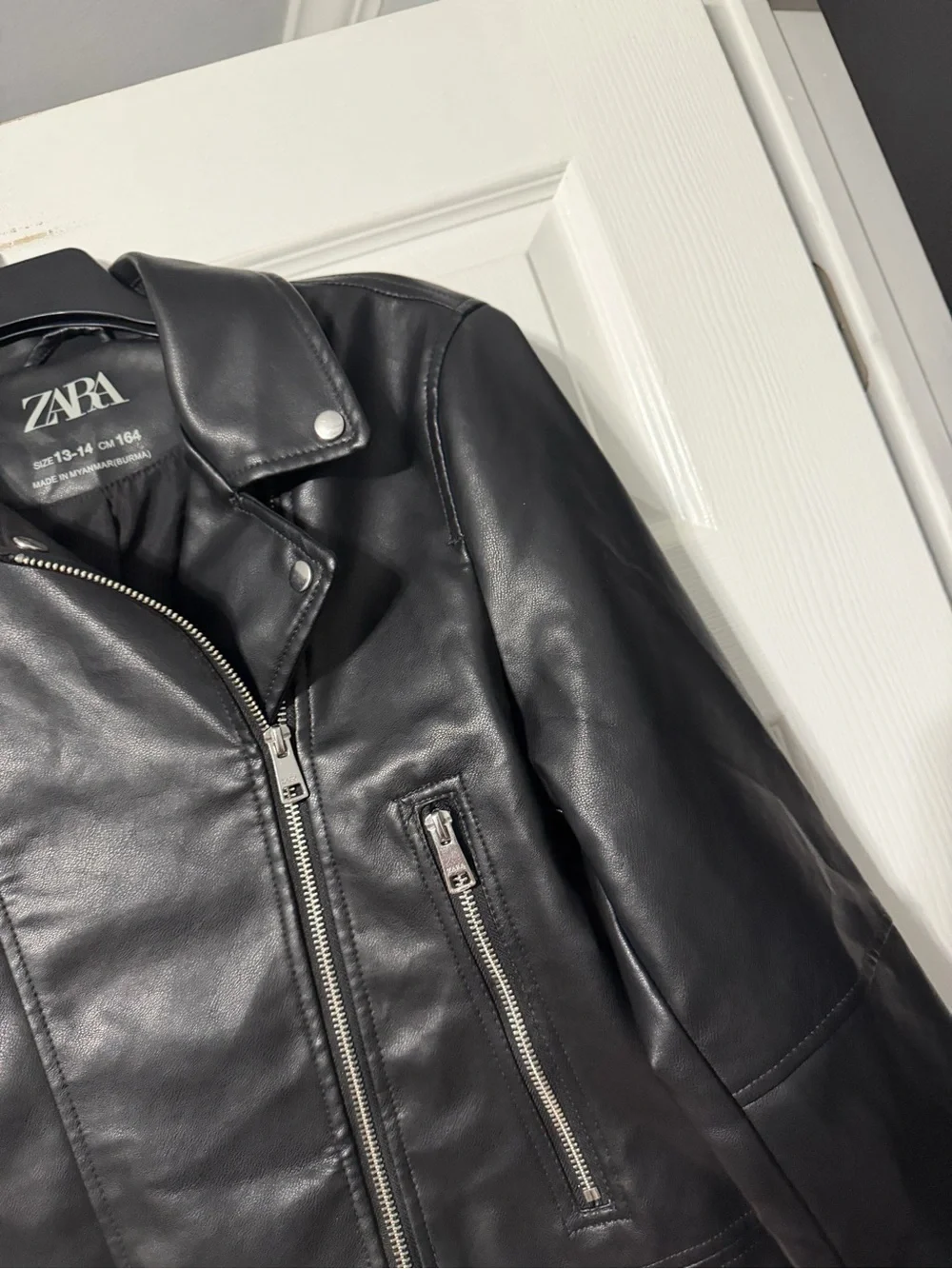 Zara Girls/Womens 13/14 Black Leather Biker Jacket with Zip Pockets
